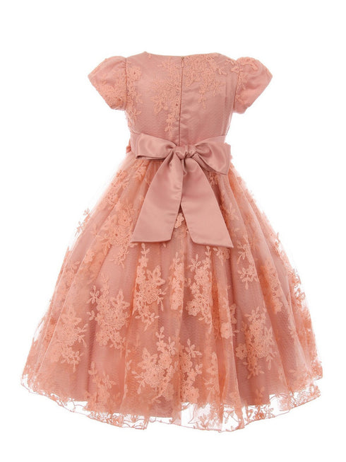 Big Girls Dusty Pink French Chantilly Lace T-Length Junior Bridesmaid Dress 8-12 - SophiasStyle.com